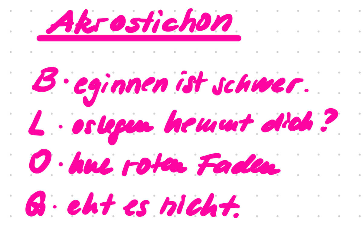 Akrostichon - Schreibe einen Begriff vertikal auf und überlege dir dazu Worte oder kurze Sätze als Mini-Geschichte. - sarah-depold.de