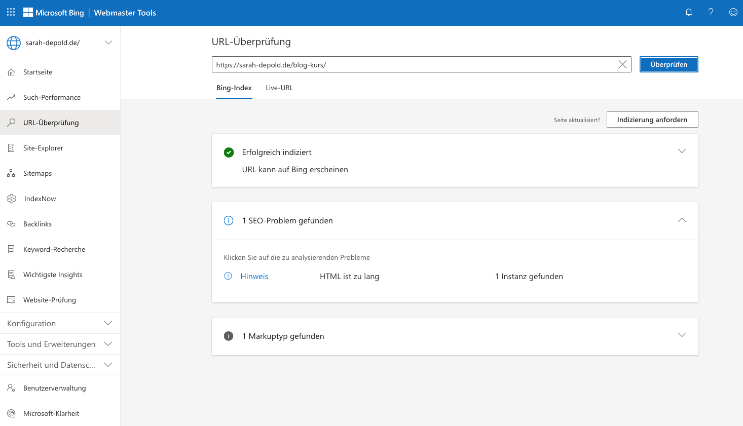 URL-Überprüfung mit Bing Webmaster Tools