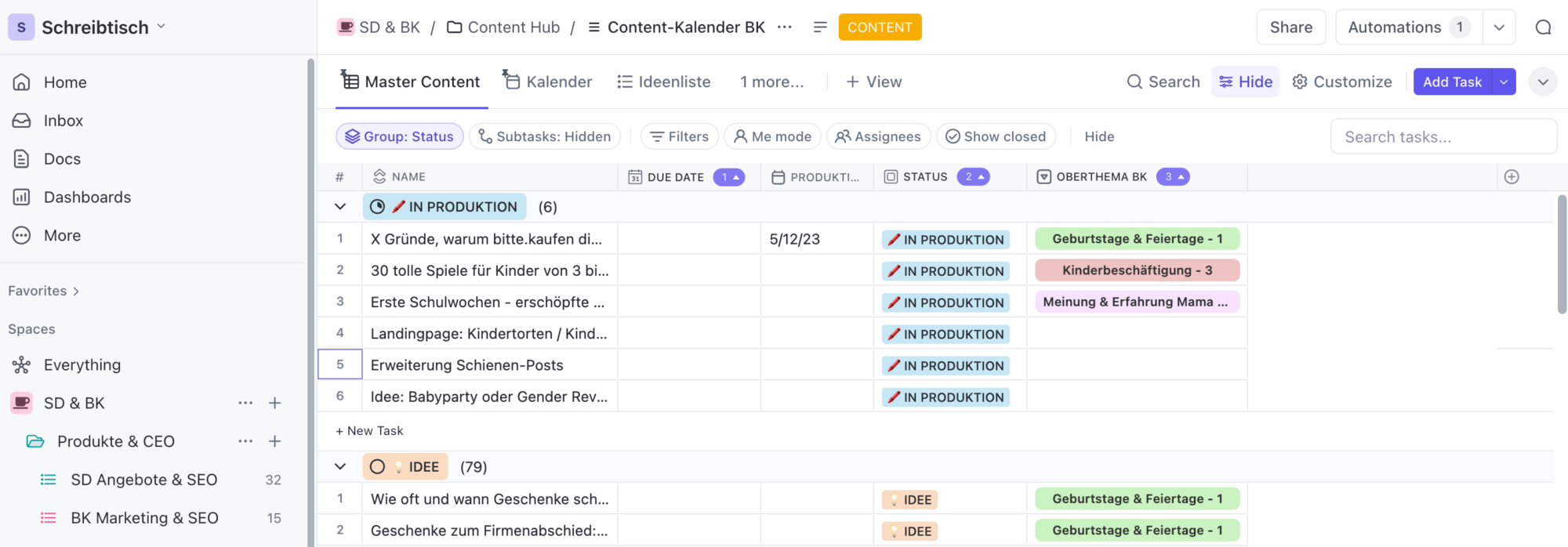 Content-Plan erstellen in ClickUp