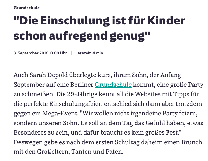Süddeutsche Zeitung: Interview zur Einschulung - sarah-depold.de