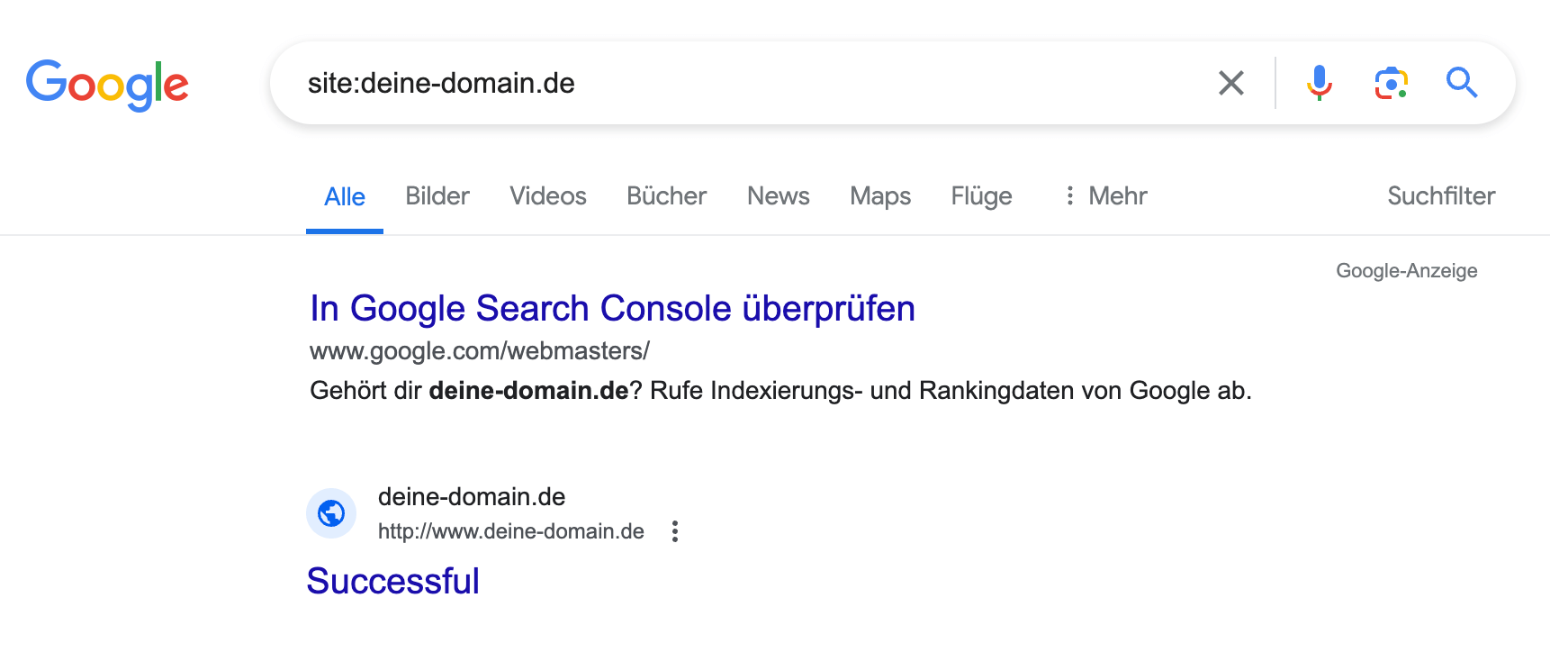 Google-Site-Abfrage für eine Domain, die ein Ergebnis im Index hat (möglicherweise mehr)