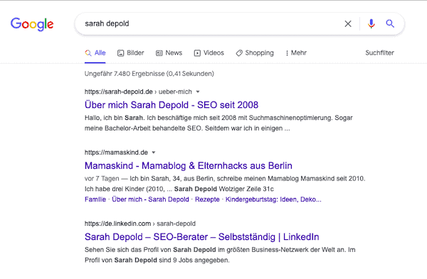 Google-Anfrage und verschiedene Meta-Titles - sarah-depold.de