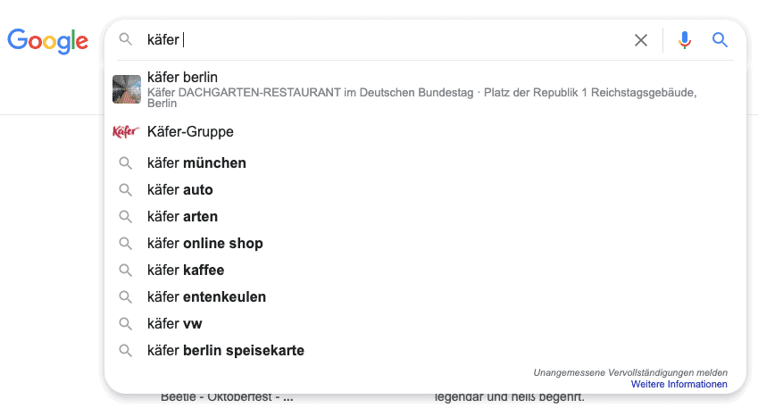 Käfer-Suchvorschläge in Google - sarah-depold.de