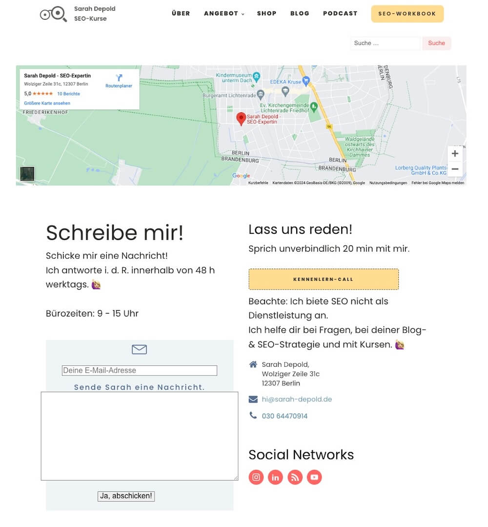 Kontaktformular auf sarah-depold.de