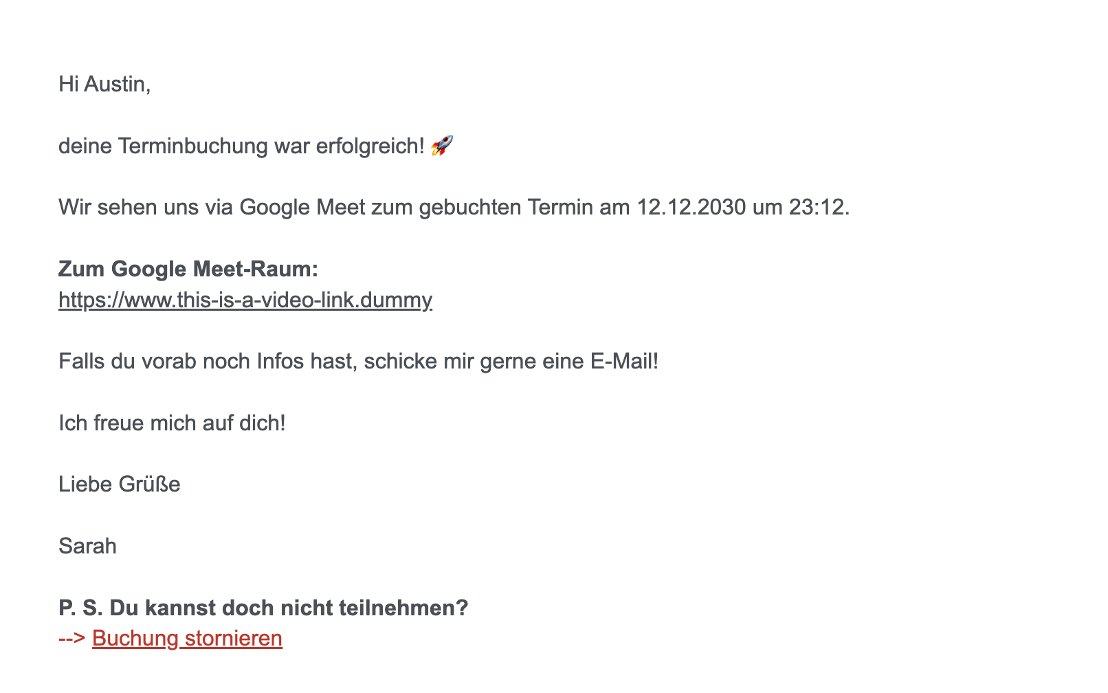 Kunden-E-Mail: Diese Bestätigung bekommen meine Kunden mit der Möglichkeit zur Umbuchung bzw. Stornierung in TuCalendi