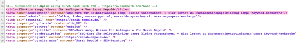 Title im HTML der Website - sarah-depold.de