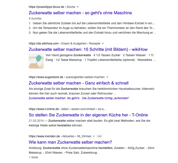Google-Ergebnis mit Meta-Title (blaue Überschriften) für "Zuckerwatte herstellen" - sarah-depold.de