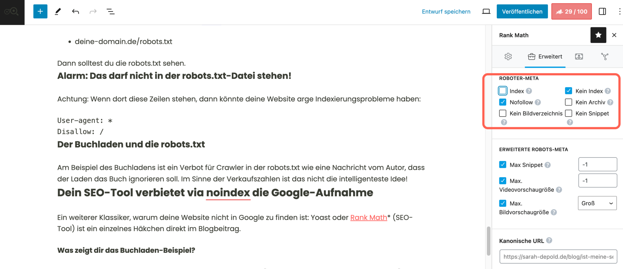 Robots-Einstellungen: Ein einzelner Blogpost ist auf noindex (kein Index) gesetzt und wird damit nicht in Google angezeigt