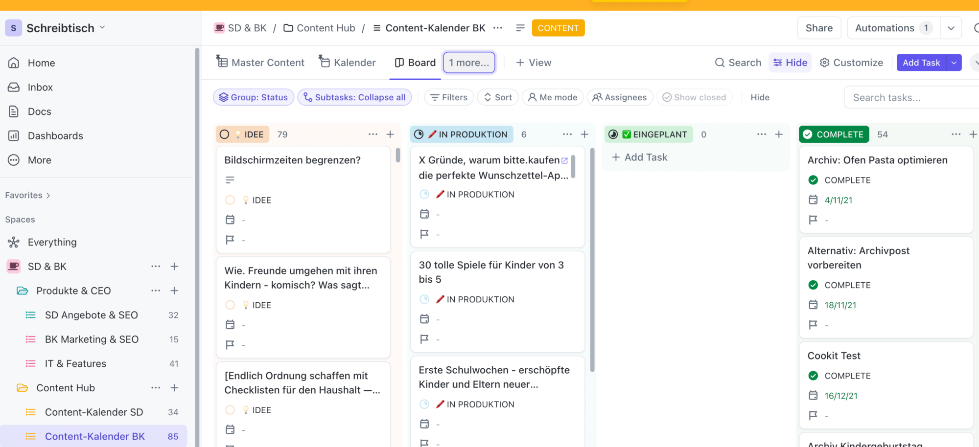 Redaktionsplan mit Kanban-Board in ClickUp