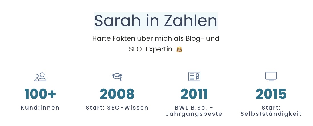 Sarah in Zahlen - Kund:innen, Studium, Selbstständigkeit