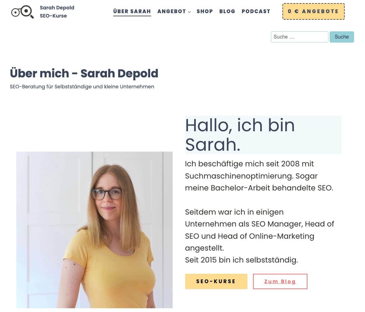 Auf der Über-Mich-Seite kein gutes Beispiel: Was bietet Sarah Depold an?