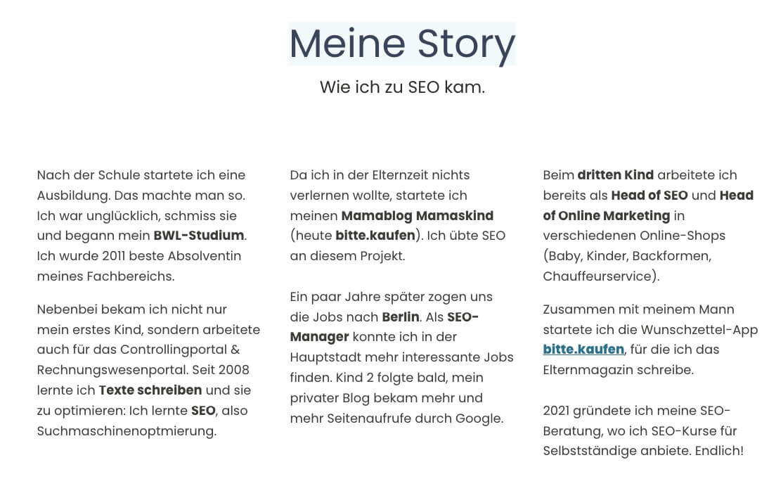 Meine Story auf der Über-Mich-Seite mit vorherigen Jobs und Selbstständigkeit