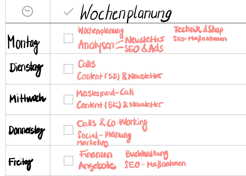 Wochenplanung Zeitmanagement - Jeder Tag hat einen anderen Fokus - sarah-depold.de